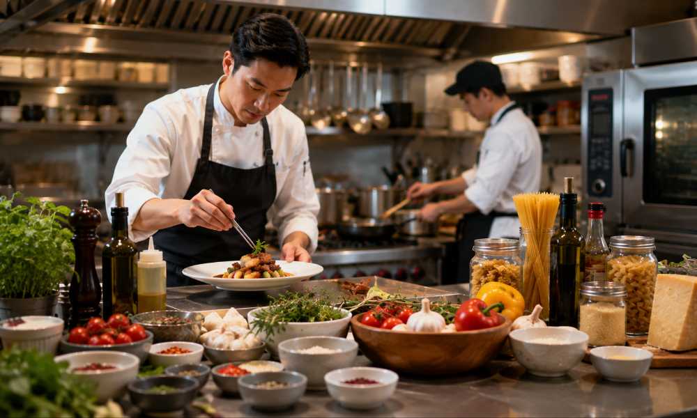 Professional chef preparing a dish with food ingredients in a restaurant kitchen in Singapore